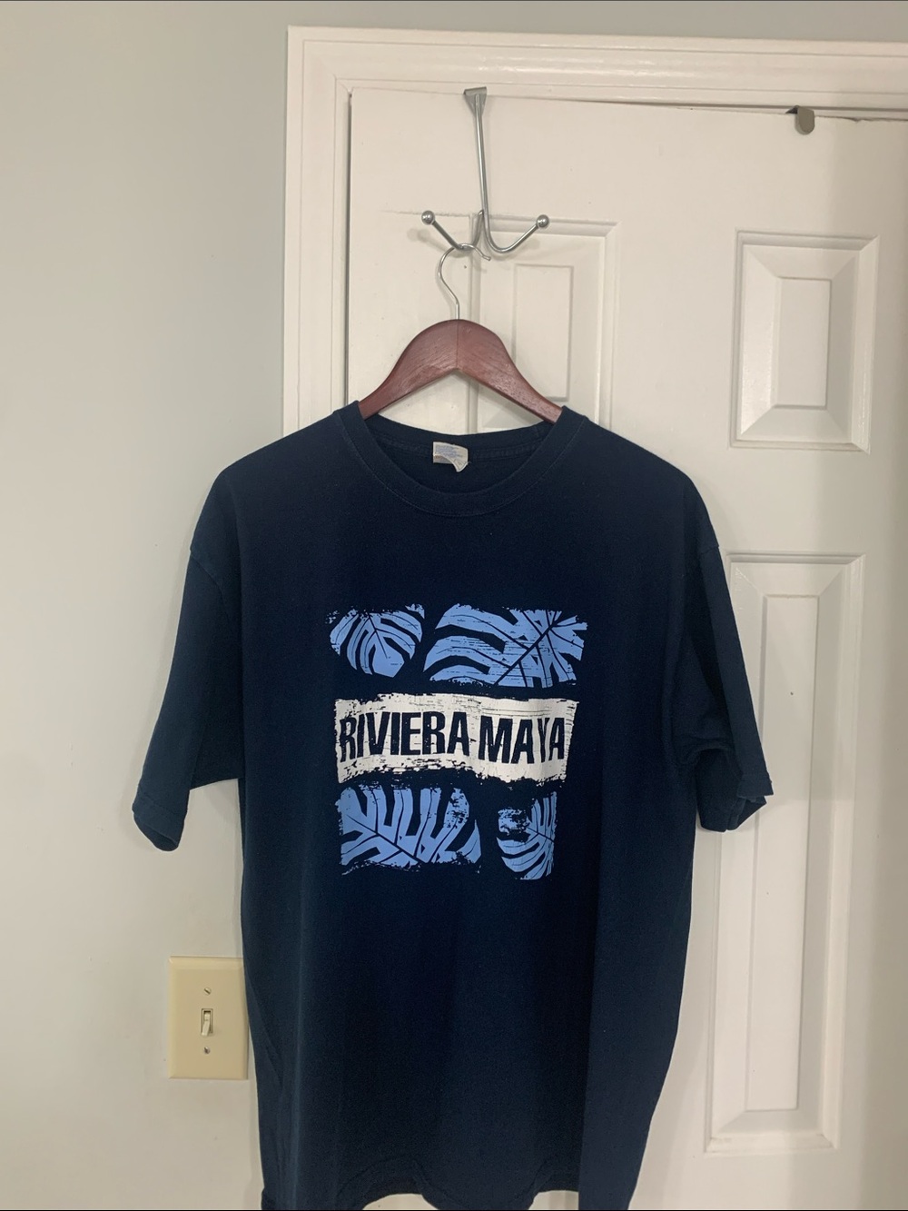 Navy Short Sleeve Graphic Tee with Light Blue Tropical Print